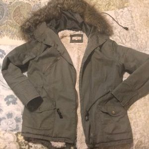 Olive green faux fur parka